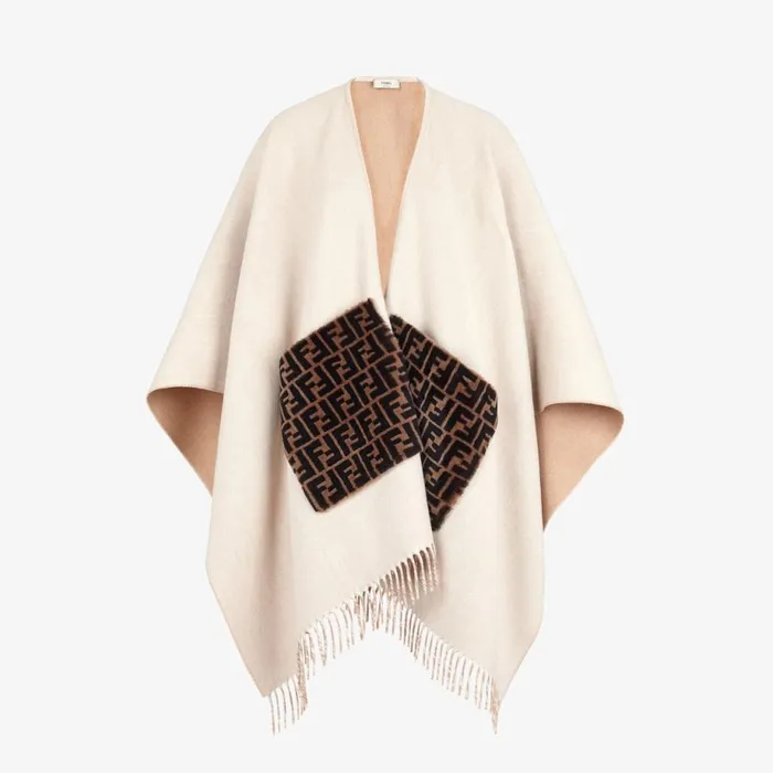 Woman Beige Wool And Cashmere Poncho Beige Fendi Scarves and Silks
