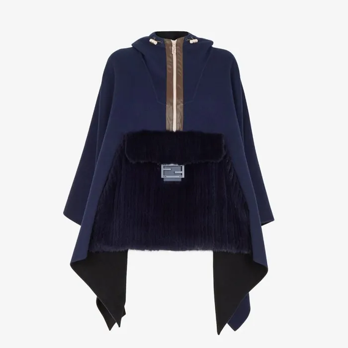 Woman Blue Mink And Wool Poncho Blue Fendi Scarves and Silks