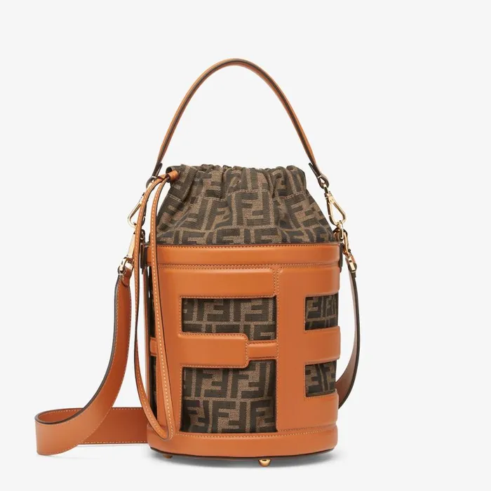Woman Brown Leather And Ff Fabric Bag Brown Fendi Bucket Bags