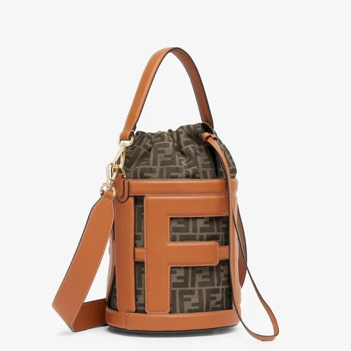 Woman Brown Leather And Ff Fabric Bag Brown Fendi Bucket Bags