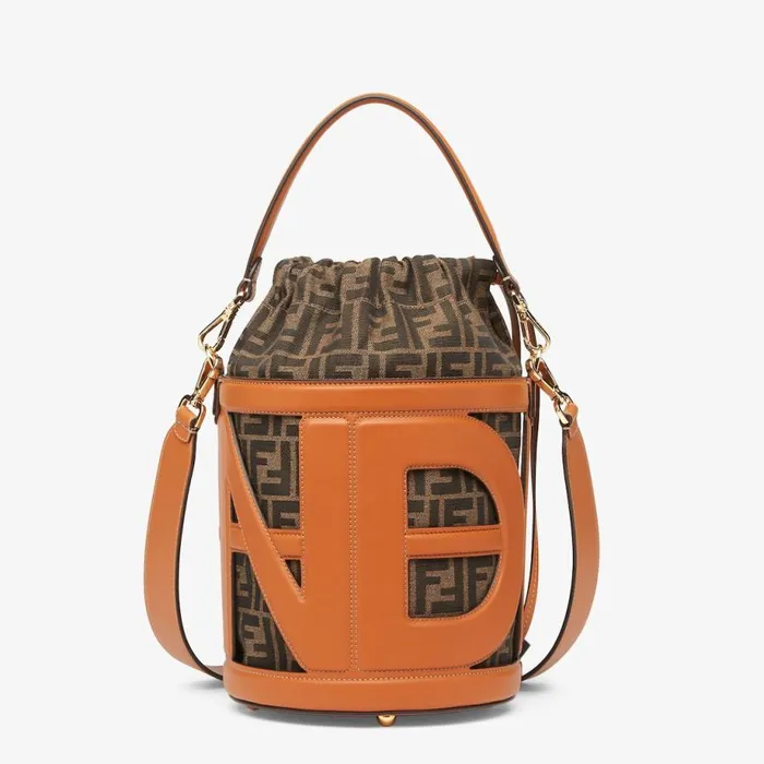 Woman Brown Leather And Ff Fabric Bag Brown Fendi Bucket Bags