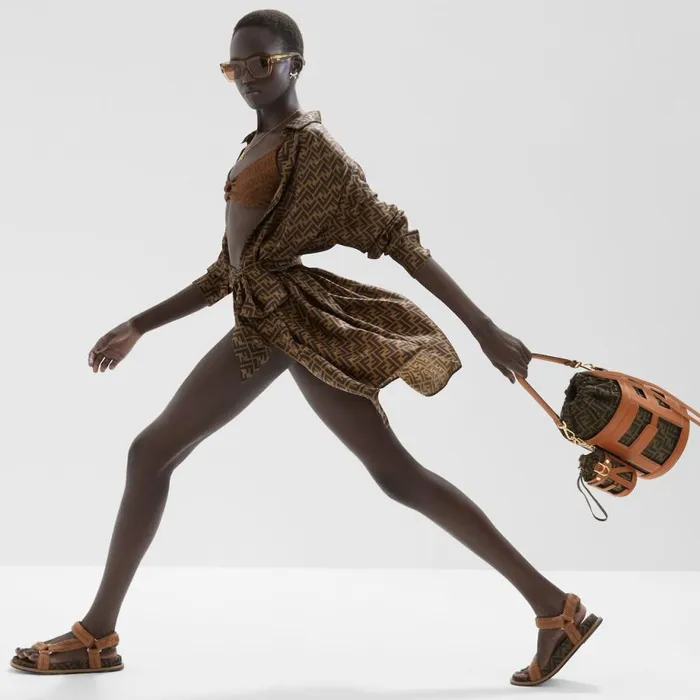 Woman Brown Leather And Ff Fabric Bag Brown Fendi Bucket Bags