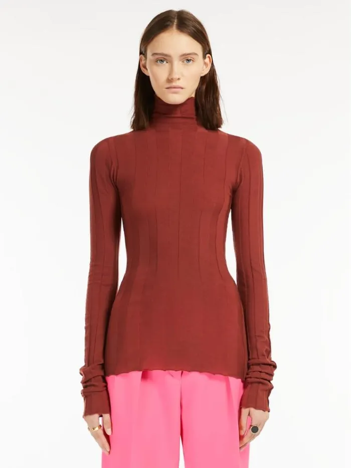 Woman Stretch Wool Mock Poloneck Sweater Brick Red Maxmara Knitwear And Sweatshirts