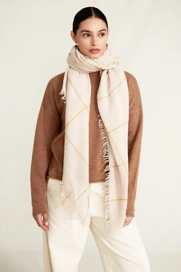 Women 100 Cashmere Scarf Golden Olive Windowpane Chan Luu Scarves