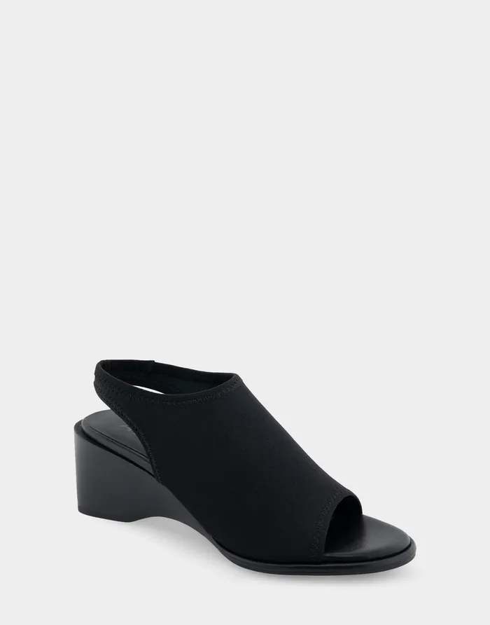 Women Aerosoles Dress Comfortable Open Toe Stretch Wedge Shootie In Black Allover Stretch Gabardine Fabric
