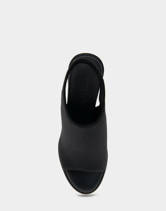 Women Aerosoles Dress Comfortable Open Toe Stretch Wedge Shootie In Black Allover Stretch Gabardine Fabric