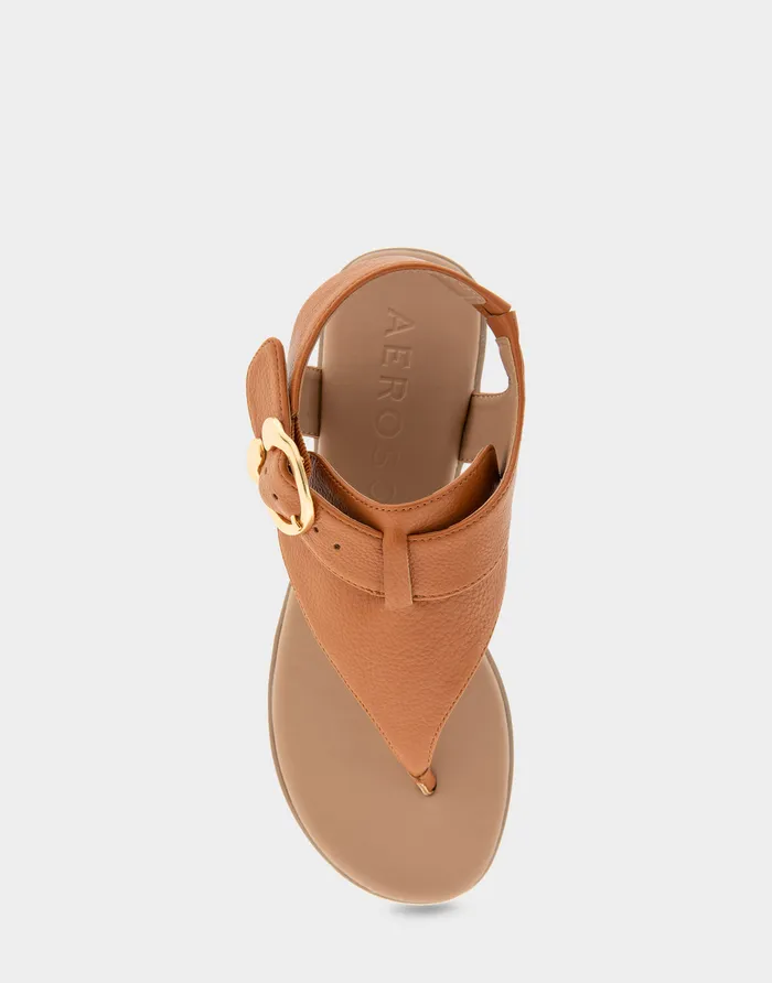 Women Aerosoles Flats Comfortable Buckle Detail Back Strap Thong Sandal In Tan Grainy Faux Leather