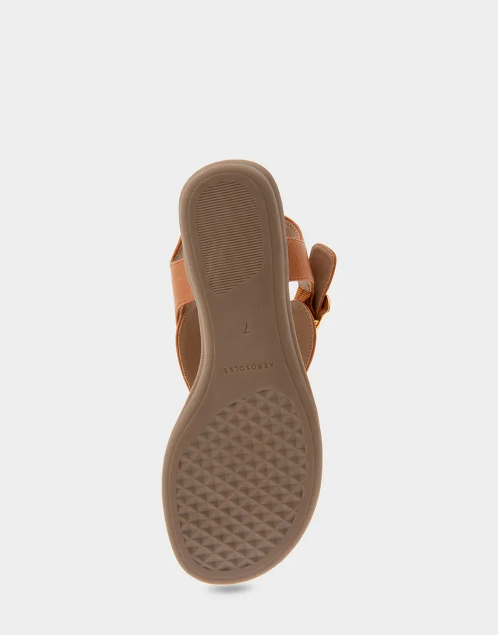 Women Aerosoles Flats Comfortable Buckle Detail Back Strap Thong Sandal In Tan Grainy Faux Leather