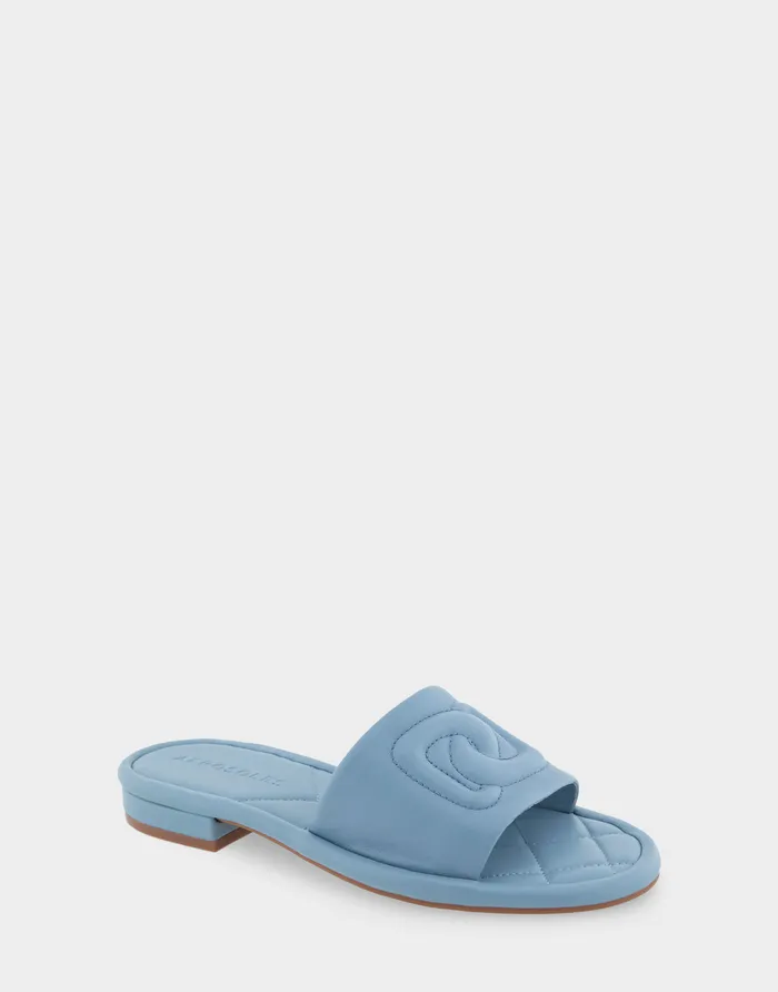 Women Aerosoles Flats Comfortable Debossed Chain Link Slide Sandal In Dusty Blue Leather