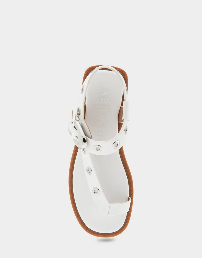Women Aerosoles Flats Comfortable Grommeted Asymmetrical Toe Ring Sandal In White Faux Leather