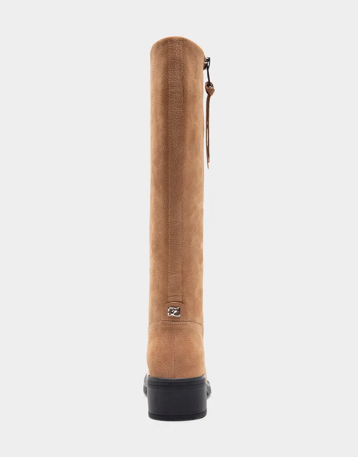 Women Aerosoles Heeled Boots Comfortable Knee High Pull On Clean Moto Boot In Camel Pebbled Nubuck Leather