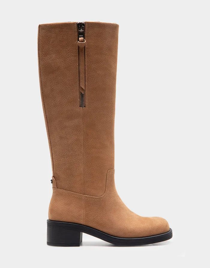 Women Aerosoles Heeled Boots Comfortable Knee High Pull On Clean Moto Boot In Camel Pebbled Nubuck Leather