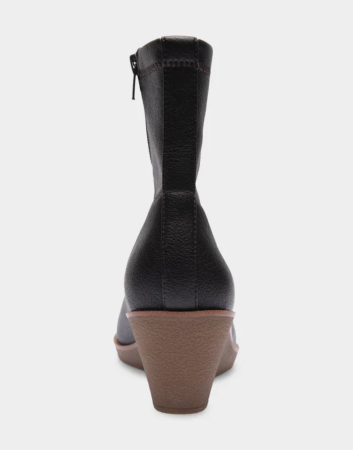 Women Aerosoles Heeled Boots Comfortable Stretch Ankle Crepe Textured Wedge Bootie In Java Stretch Pebbled Faux Leather Faux Leather