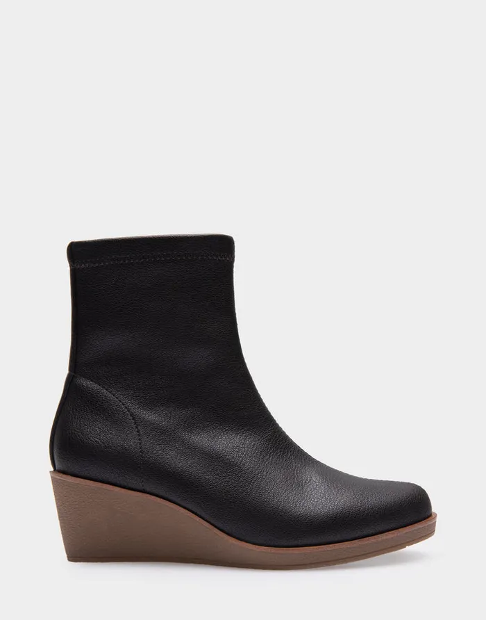 Women Aerosoles Heeled Boots Comfortable Stretch Ankle Crepe Textured Wedge Bootie In Java Stretch Pebbled Faux Leather Faux Leather