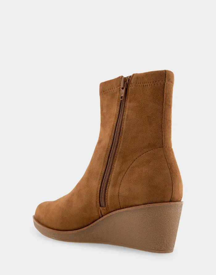 Women Aerosoles Heeled Boots Comfortable Stretch Ankle Crepe Textured Wedge Bootie In Tobacco Faux Suede Faux Stretch Suede
