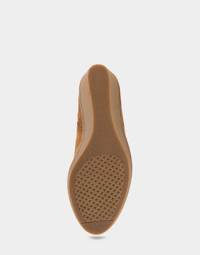 Women Aerosoles Heeled Boots Comfortable Stretch Ankle Crepe Textured Wedge Bootie In Tobacco Faux Suede Faux Stretch Suede