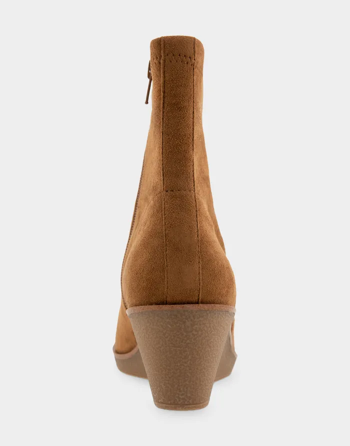 Women Aerosoles Heeled Boots Comfortable Stretch Ankle Crepe Textured Wedge Bootie In Tobacco Faux Suede Faux Stretch Suede