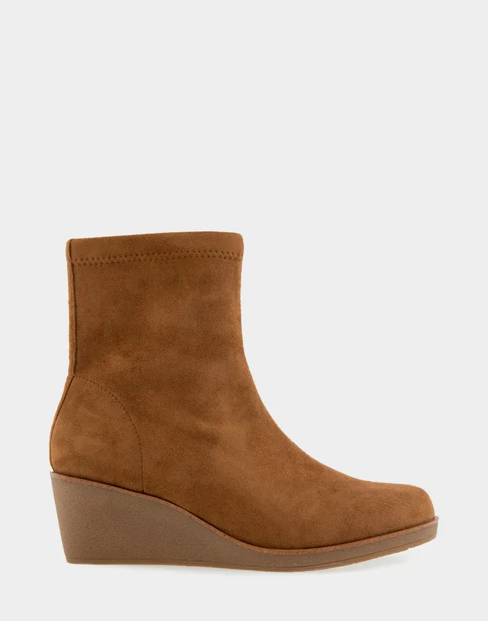 Women Aerosoles Heeled Boots Comfortable Stretch Ankle Crepe Textured Wedge Bootie In Tobacco Faux Suede Faux Stretch Suede