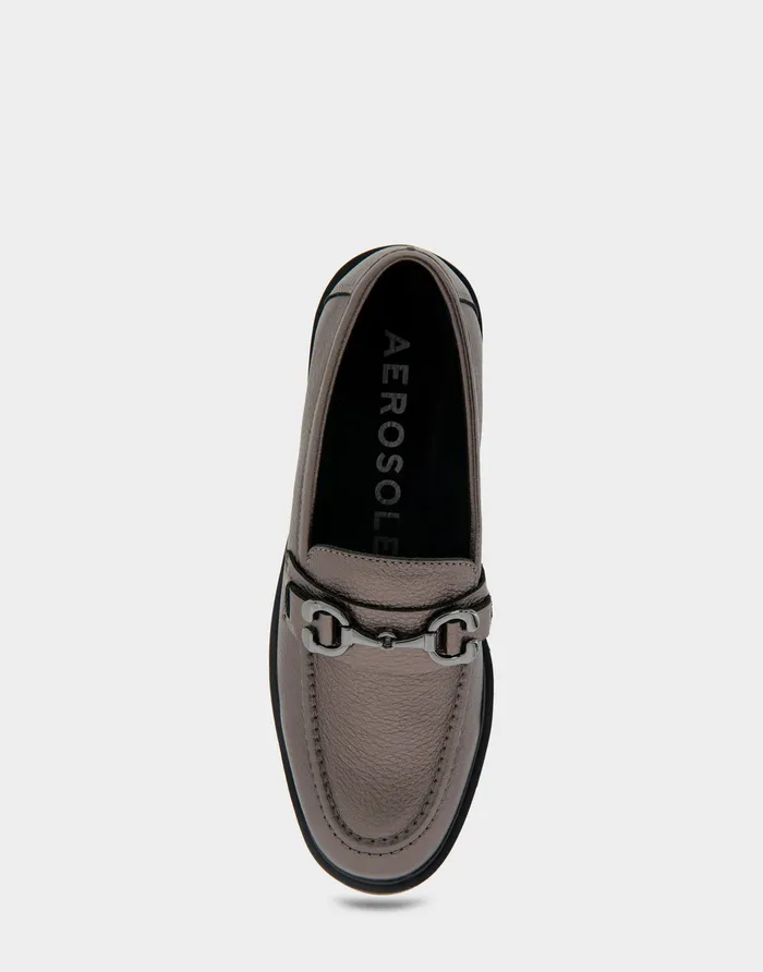 Women Aerosoles Loafers Comfortable Ultralight Lug Loafer With Horsebit Detail In Gunmetal Pebbled Faux Leather Faux Leather