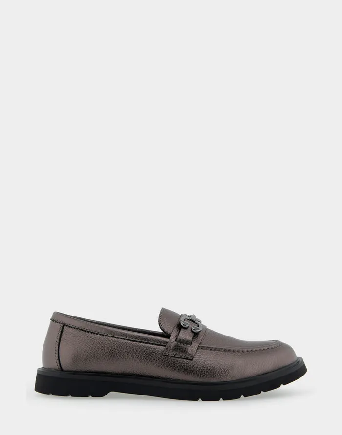 Women Aerosoles Loafers Comfortable Ultralight Lug Loafer With Horsebit Detail In Gunmetal Pebbled Faux Leather Faux Leather