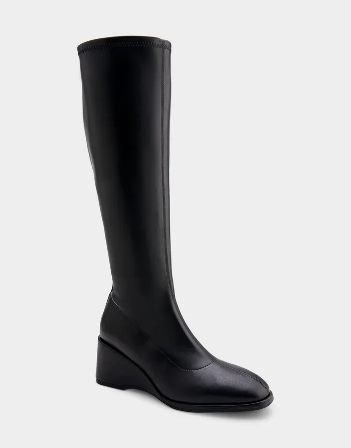 Women Aerosoles Tall Boots Comfortable Stretch Knee High Sculpted Wedge Boot In Black Stretch Faux Leather Faux Leather Women Aerosoles Tall Boots Comfortable Stretch Knee High Sculpted Wedge Boot In Black Stretch Faux Leather Faux Leather