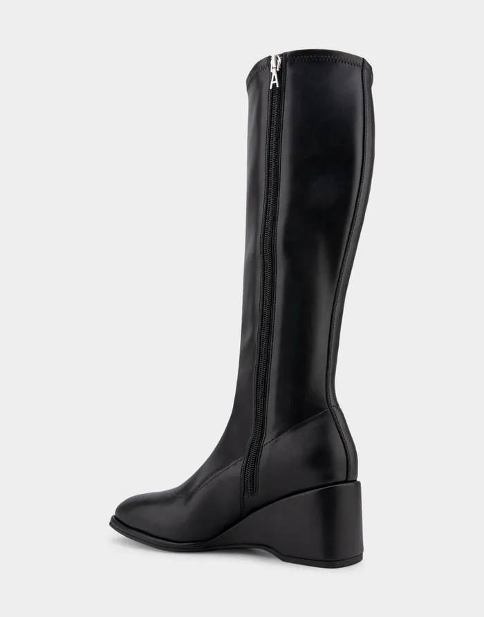 Women Aerosoles Tall Boots Comfortable Stretch Knee High Sculpted Wedge Boot In Black Stretch Faux Leather Faux Leather