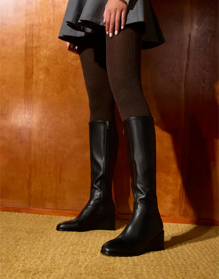Women Aerosoles Tall Boots Comfortable Stretch Knee High Sculpted Wedge Boot In Black Stretch Faux Leather Faux Leather