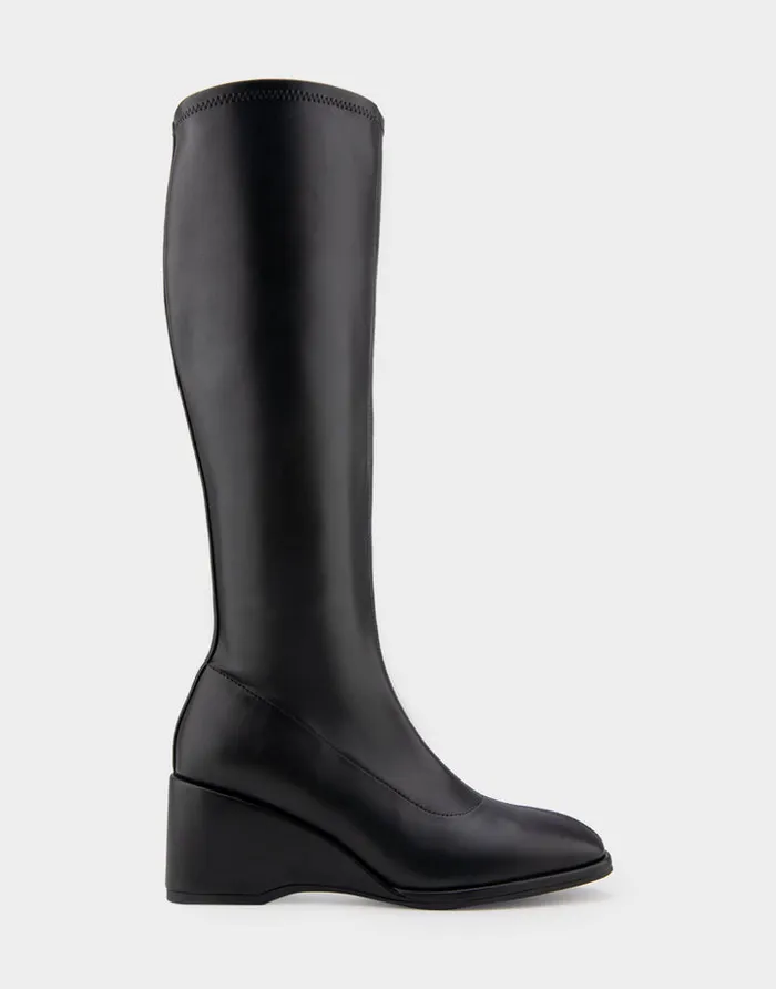 Women Aerosoles Tall Boots Comfortable Stretch Knee High Sculpted Wedge Boot In Black Stretch Faux Leather Faux Leather