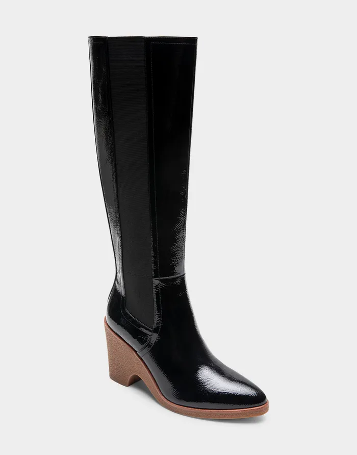 Women Aerosoles Wedge Boots Comfortable Knee High Sculpted Wedge Almond Toe Boot In Black Crinkled Patent Faux Leather Women Aerosoles Wedge Boots Comfortable Knee High Sculpted Wedge Almond Toe Boot In Black Crinkled Patent Faux Leather