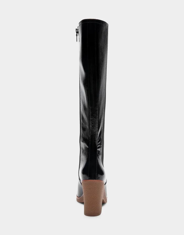 Women Aerosoles Wedge Boots Comfortable Knee High Sculpted Wedge Almond Toe Boot In Black Crinkled Patent Faux Leather