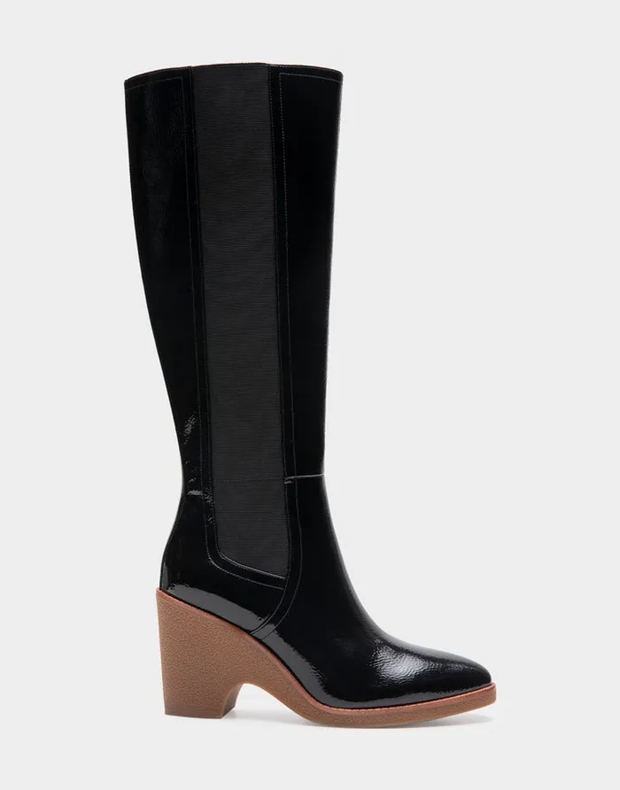 Women Aerosoles Wedge Boots Comfortable Knee High Sculpted Wedge Almond Toe Boot In Black Crinkled Patent Faux Leather