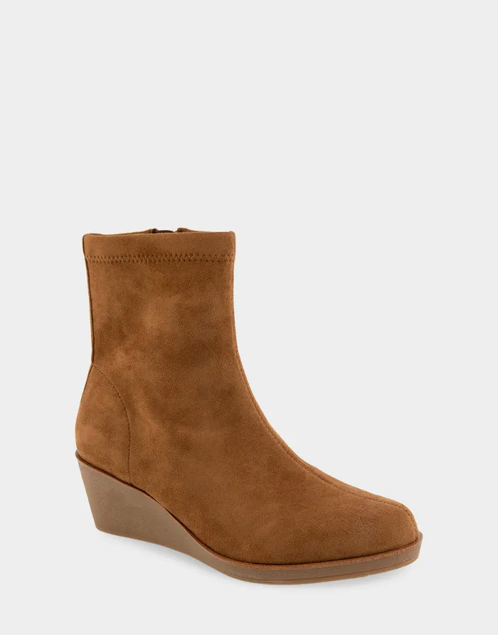 Women Aerosoles Wedge Boots Comfortable Stretch Ankle Crepe Textured Wedge Bootie In Tobacco Faux Suede Faux Stretch Suede Women Aerosoles Wedge Boots Comfortable Stretch Ankle Crepe Textured Wedge Bootie In Tobacco Faux Suede Faux Stretch Suede