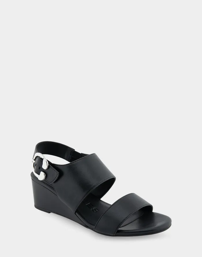 Women Aerosoles Wedges Comfortable Buckle Back Mid Wedge Sandal In Black Faux Leather