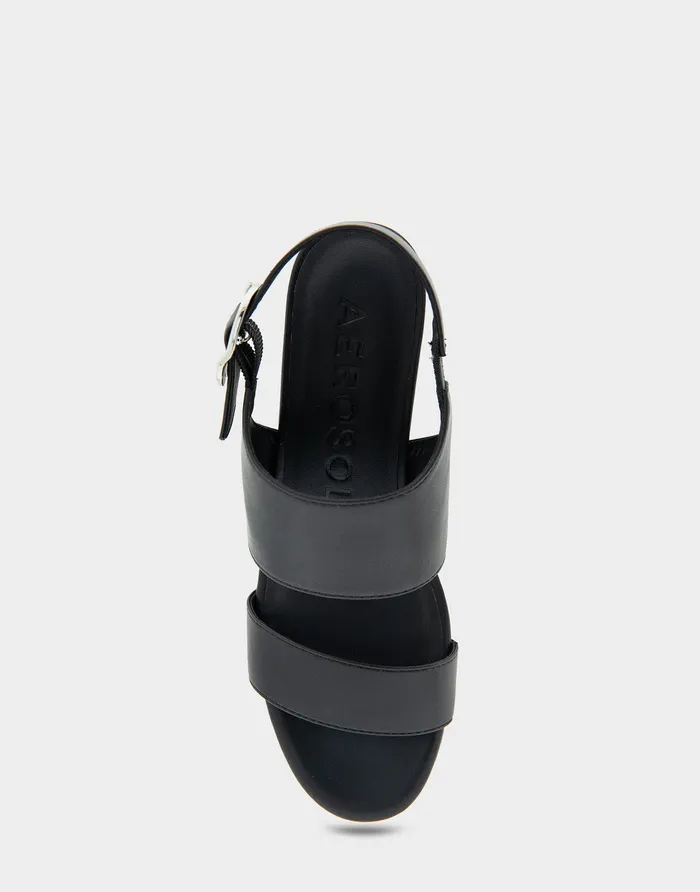 Women Aerosoles Wedges Comfortable Buckle Back Mid Wedge Sandal In Black Faux Leather