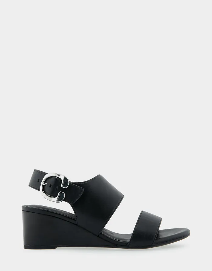 Women Aerosoles Wedges Comfortable Buckle Back Mid Wedge Sandal In Black Faux Leather