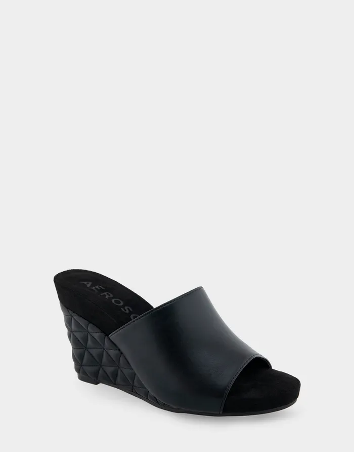 Women Aerosoles Wedges Comfortable Quilted Heel Footbed Wedge Slide In Black Faux Leather Women Aerosoles Wedges Comfortable Quilted Heel Footbed Wedge Slide In Black Faux Leather