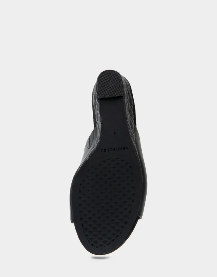 Women Aerosoles Wedges Comfortable Quilted Heel Footbed Wedge Slide In Black Faux Leather