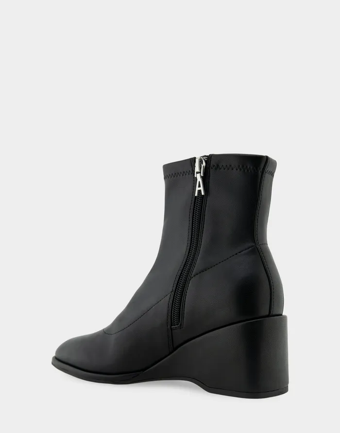 Women Aerosoles Wedges Comfortable Stretch Ankle Sculpted Wedge Boot In Black Stretch Faux Leather Faux Leather