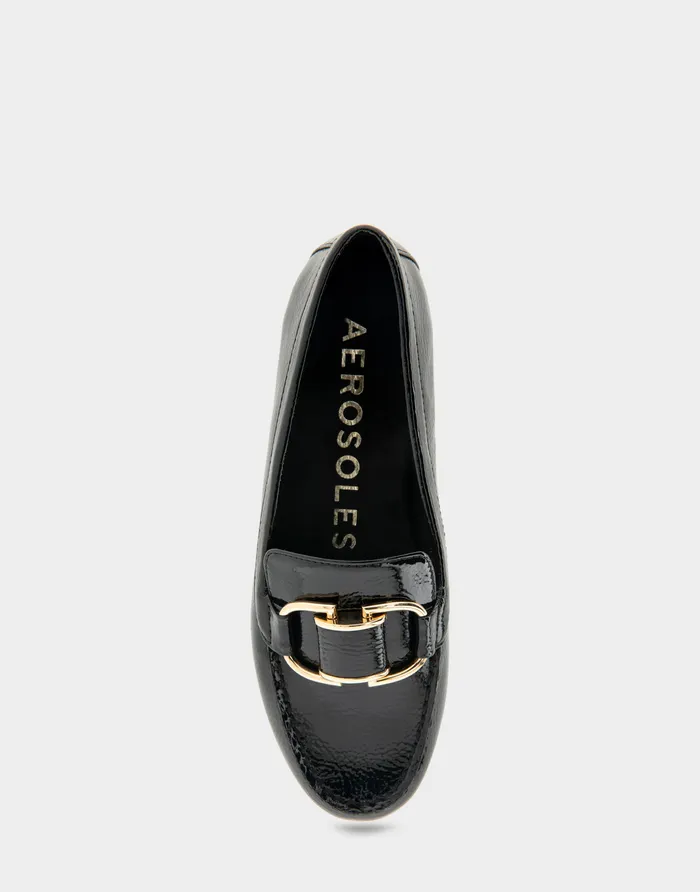 Women Aerosoles Wide Width Flats Comfortable Ornamented Loafer In Black Crinkled Patent Faux Leather Patent Faux Leather