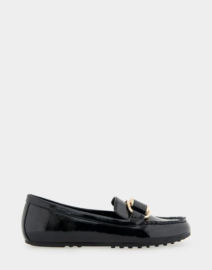 Women Aerosoles Wide Width Flats Comfortable Ornamented Loafer In Black Crinkled Patent Faux Leather Patent Faux Leather
