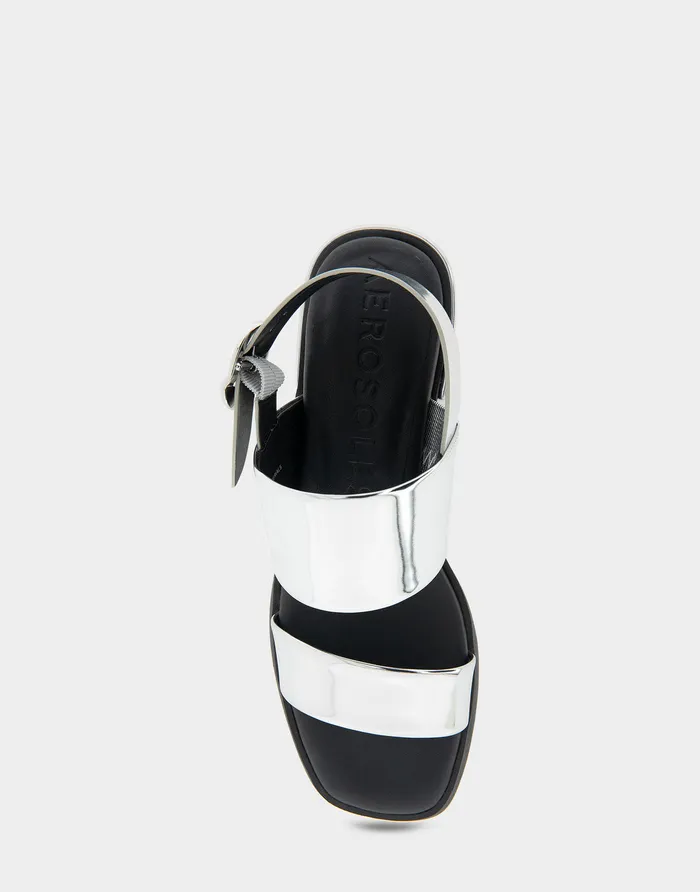 Women Aerosoles Wide Width Sandals Comfortable Banded Back Strap Low Block Heel Sandal In Silver Mirror Metallic Faux Leather