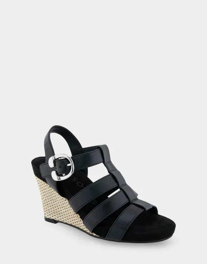 Women Aerosoles Wide Width Sandals Comfortable Caged Footbed Wedge Sandal In Black Faux Leather Women Aerosoles Wide Width Sandals Comfortable Caged Footbed Wedge Sandal In Black Faux Leather
