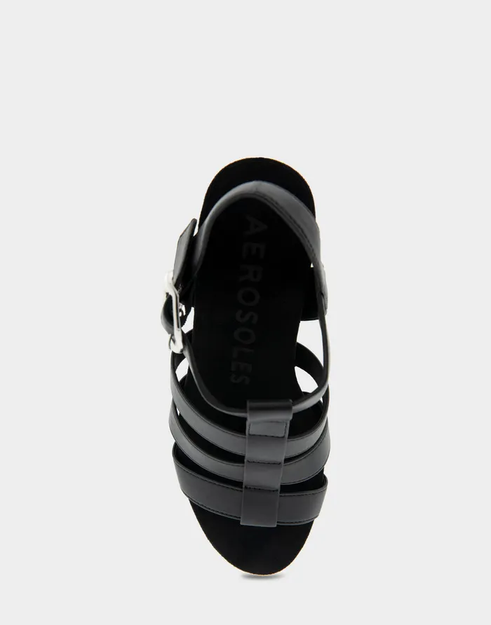 Women Aerosoles Wide Width Sandals Comfortable Caged Footbed Wedge Sandal In Black Faux Leather