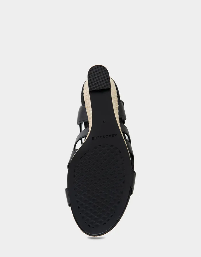 Women Aerosoles Wide Width Sandals Comfortable Caged Footbed Wedge Sandal In Black Faux Leather