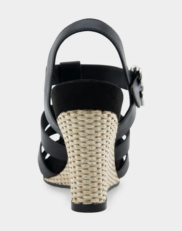 Women Aerosoles Wide Width Sandals Comfortable Caged Footbed Wedge Sandal In Black Faux Leather