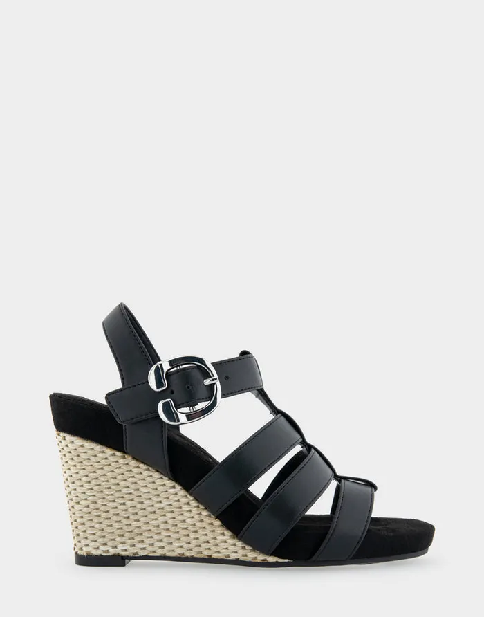 Women Aerosoles Wide Width Sandals Comfortable Caged Footbed Wedge Sandal In Black Faux Leather