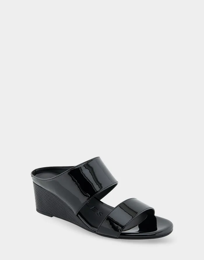 Women Aerosoles Wide Width Sandals Comfortable Two Band Mid Wedge Slide Sandal In Black Patent Faux Leather Women Aerosoles Wide Width Sandals Comfortable Two Band Mid Wedge Slide Sandal In Black Patent Faux Leather