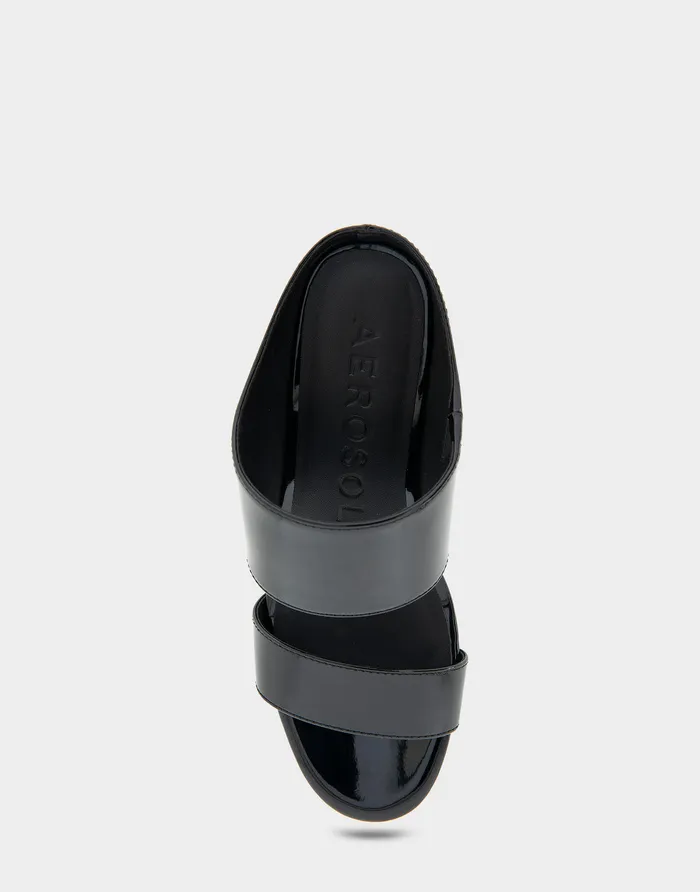 Women Aerosoles Wide Width Sandals Comfortable Two Band Mid Wedge Slide Sandal In Black Patent Faux Leather