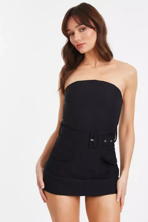 Women Black Bandeau Belted Playsuit Quiz Clothing Going Out