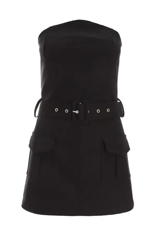 Women Black Bandeau Belted Playsuit Quiz Clothing Going Out